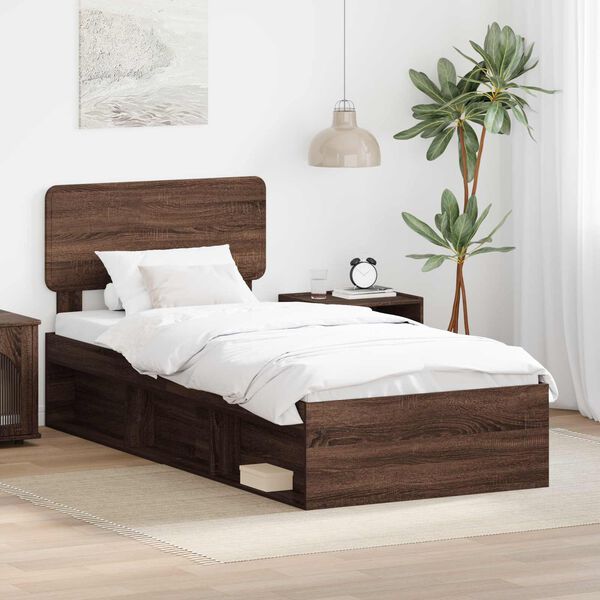 vidaXL Bed Frame with Headboard Brown Oak 90 x 190 cm Solid Pine Wood