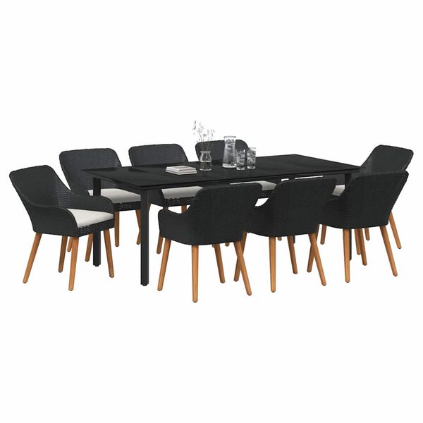 vidaXL Garden Dining Set with Cushion 9 pcs Black Poly Rattan