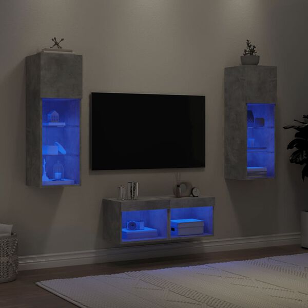 vidaXL 4 Piece TV Wall Cabinets with LED Lights Concrete Grey