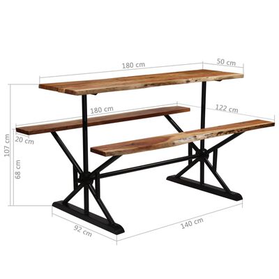 vidaXL Bar Table with Benches Solid Acacia Wood 180x50x107 cm