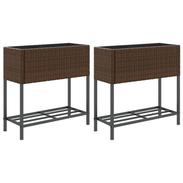 vidaXL Garden Planters with Shelf 2 pcs Brown 70x28x70 cm Poly Rattan