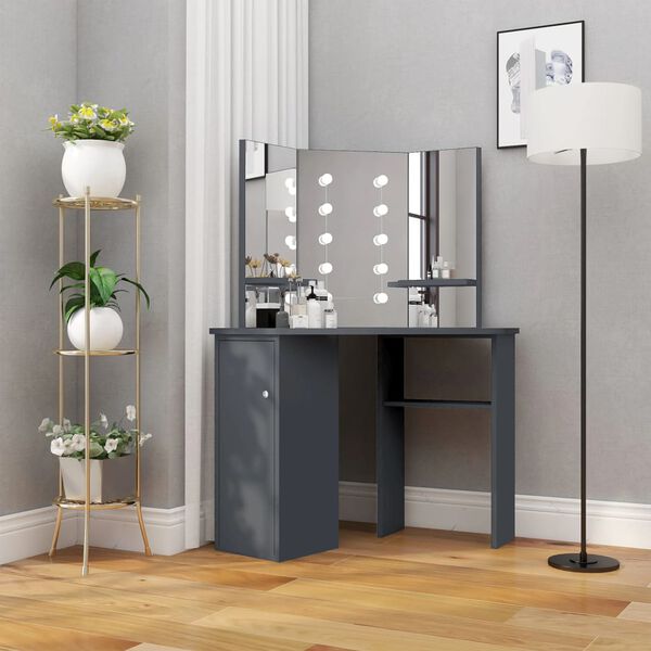 vidaXL Corner Dressing Table with LED Grey 111x54x141.5 cm
