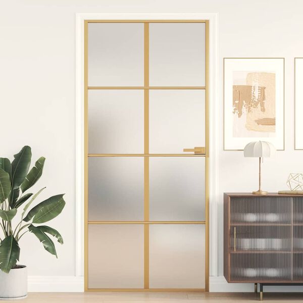 vidaXL Interior Door Slim Golden 93x201.5 cm Tempered Glass and Aluminium
