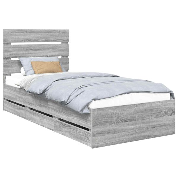 vidaXL Bed Frame with Drawer Grey Sonoma 90 x 190 cm Engineer Wood
