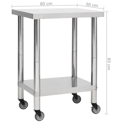 vidaXL Kitchen Work Table with Wheels 80x30x85 cm Stainless Steel