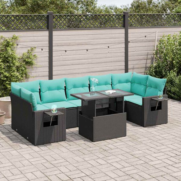 vidaXL 8 Piece Garden Sofa Set with Cushions Black Poly Rattan Acacia