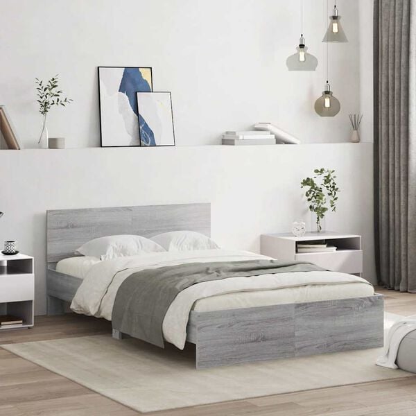 vidaXL Bed Frame with Headboard and LED Grey Sonoma 120x190 cm Small Double
