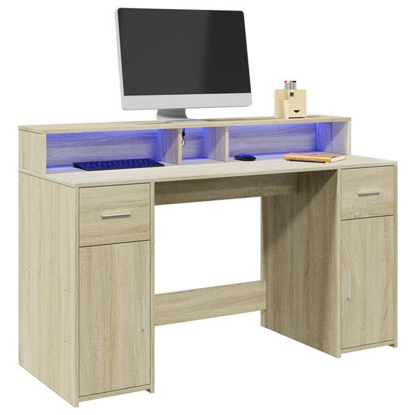 vidaXL Desk with LED Lights Sonoma Oak 140x55x91 cm Engineered Wood