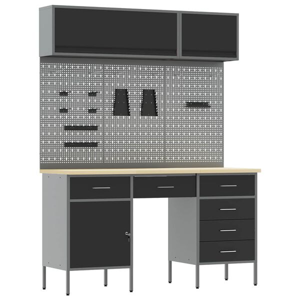 vidaXL Work Cabinet with Drawer 7 pcs Black 150 x 55 x 200 cm