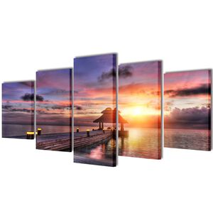 vidaXL Canvas Painting | Multicolour - sunset, ocean, pavilion
