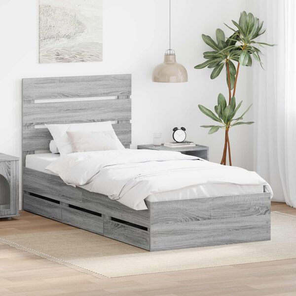 vidaXL Bed Frame with Drawer Grey Sonoma 100 x 200 cm Engineer Wood