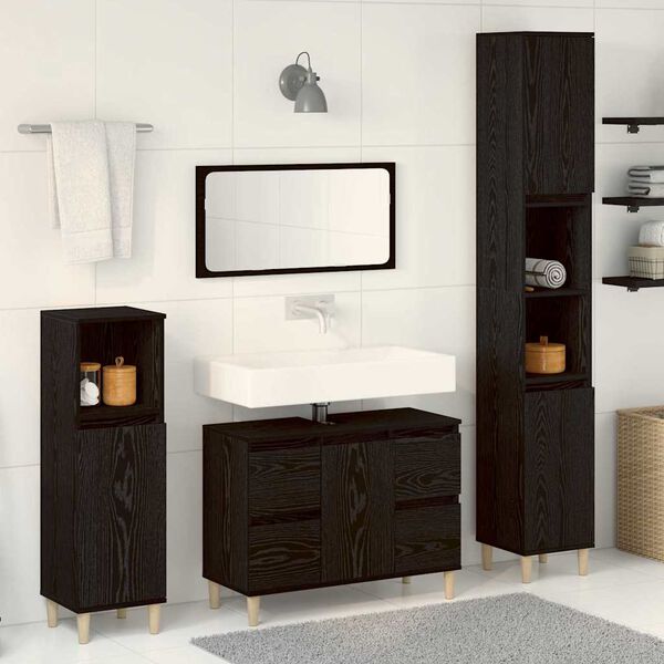 vidaXL Bathroom Furniture Set Wall-mounted with Door 3 pcs Black Oak