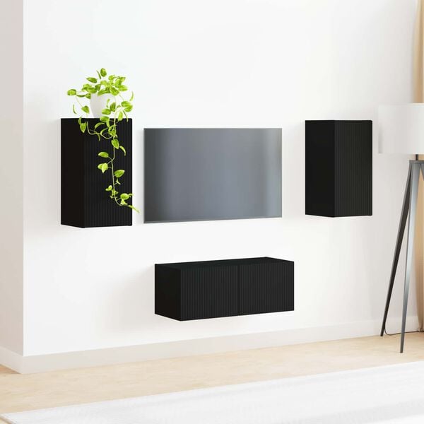 vidaXL TV Cabinet Set Wall-mounted 2 pcs Black Engineered Wood