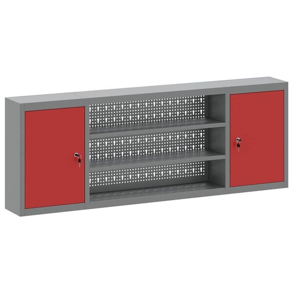 vidaXL Tool Cabinet with Shelf with Lock Red and Grey 150 x 20 x 55 cm