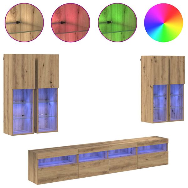 vidaXL TV Wall Cabinet Set with LED Lights 7 pcs Artisan oak
