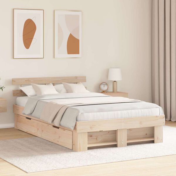 vidaXL Bed Frame with Headboard Brown 135 x 190 cm Solid Pine Wood