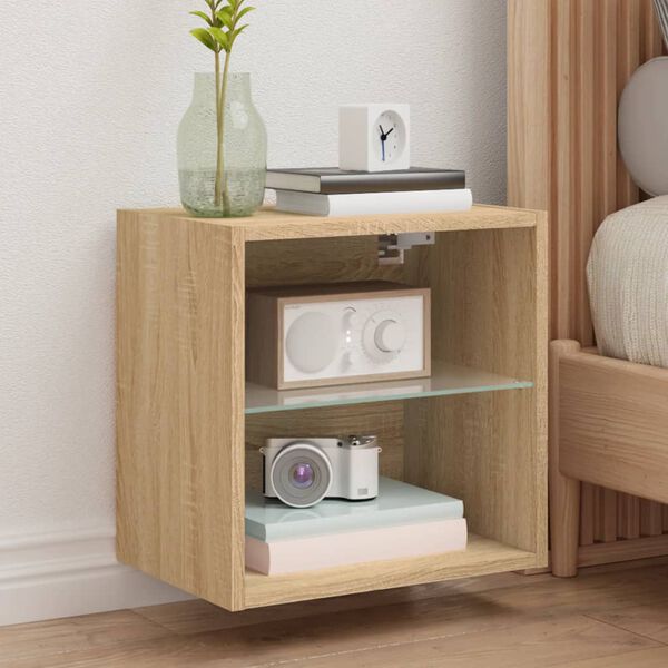 vidaXL Bedside Cabinets with LED Lights Wall-mounted 2 pcs Sonoma Oak