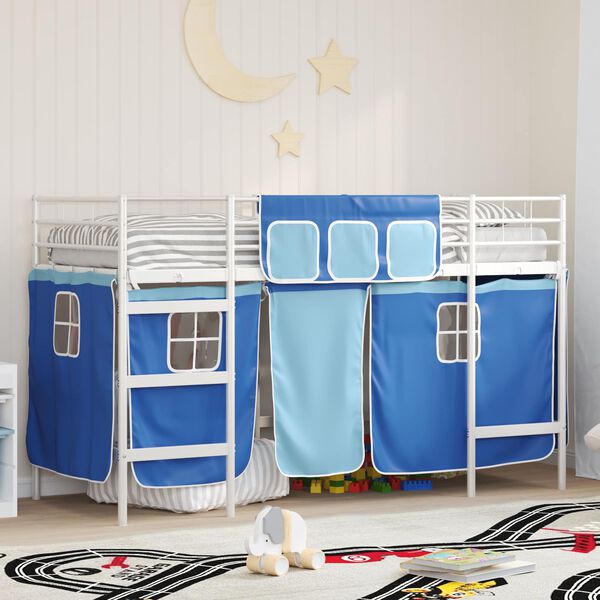 vidaXL Kids'Loft Bed Frame with Curtains White and Blue 75 x 190 cm