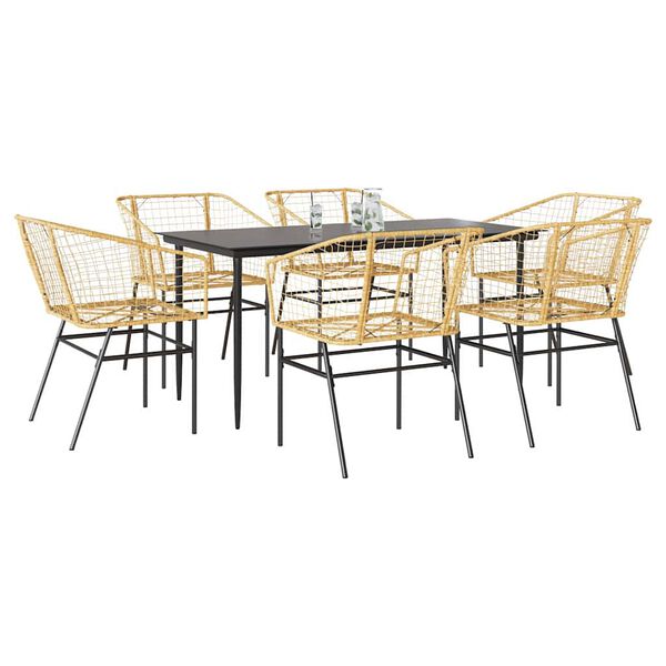 vidaXL 7 Piece Garden Dining Set Brown Poly Rattan Glass