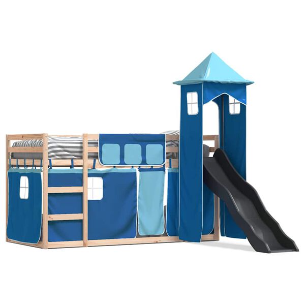vidaXL Bunk Bed without Mattress with Slide and Curtains Blue 90x200 cm