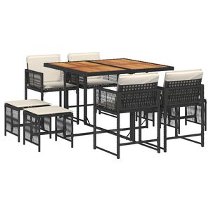 vidaXL 9 Piece Garden Dining Set with Cushions Black Poly Rattan