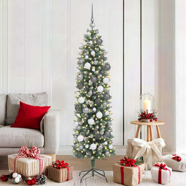 vidaXL Artificial Slim Christmas Tree Green and White 180 cm