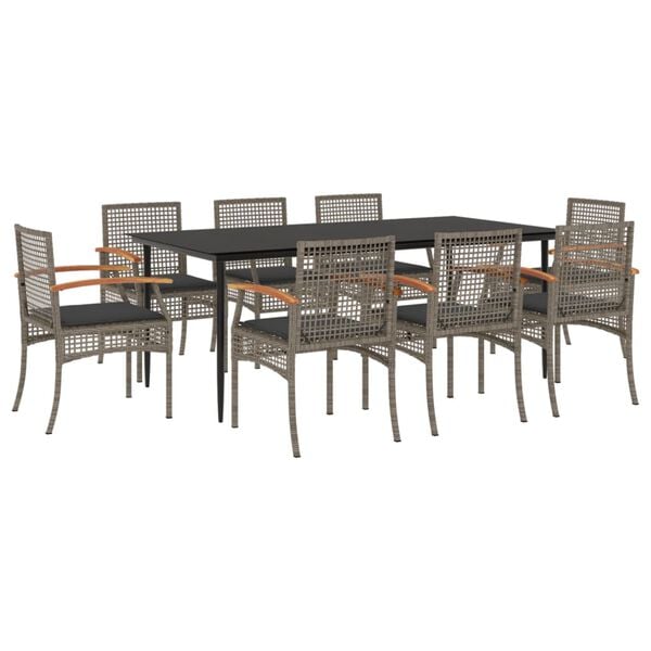 vidaXL 9 Piece Garden Dining Set with Cushions Grey Poly Rattan