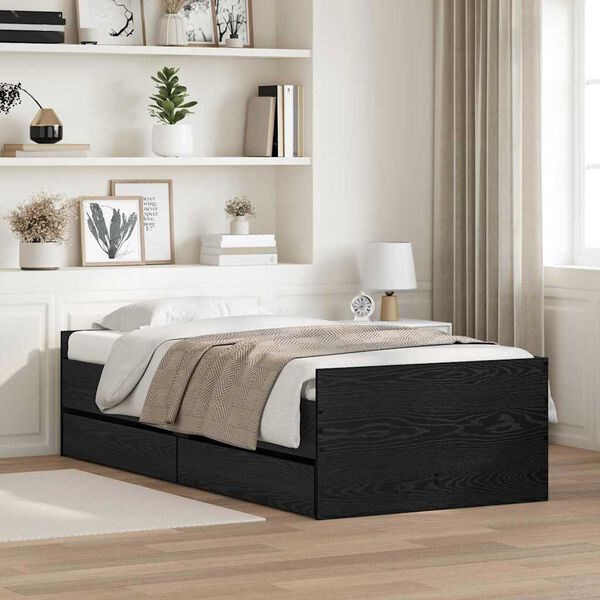 vidaXL Bed Frame with Drawer Black Oak 100 x 200 cm Solid Pine Wood