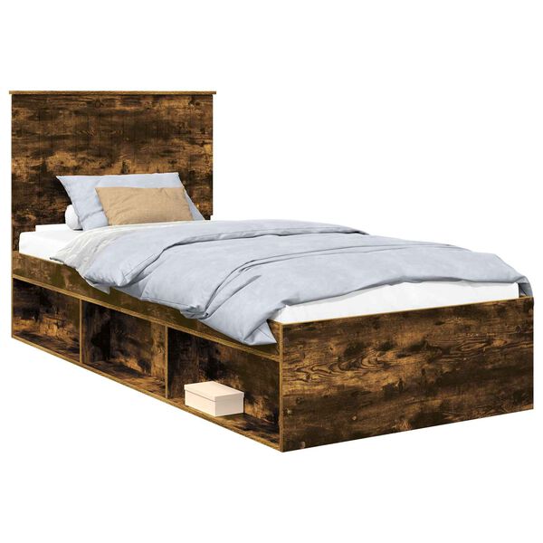 vidaXL Bed Frame with Headboard Smoked Oak 90 x 190 cm Solid Pine Wood