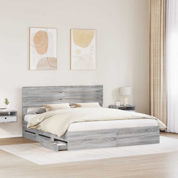 vidaXL Bed Frame with Drawer Grey Sonoma 200 x 200 cm Engineer Wood