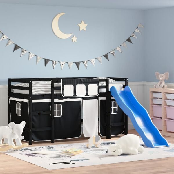 vidaXL Kids' Loft Bed with Curtains without Mattress White&Black 80x200cm