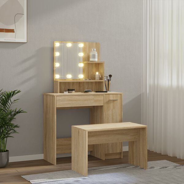 vidaXL Dressing Table Set with LED Sonoma Oak Engineered Wood