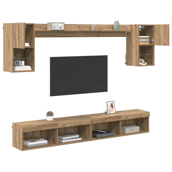 vidaXL TV Wall Units with LED 6 pcs Artisan Oak Engineered Wood