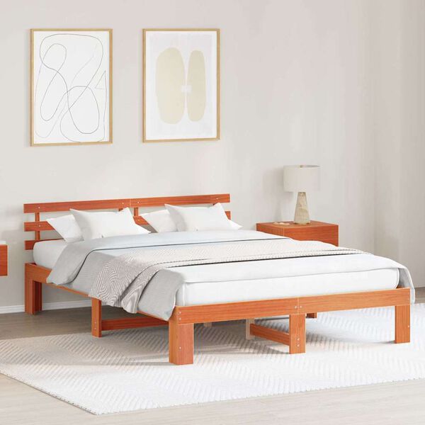 vidaXL Bed Frame with Headboard Wax Brown 160 x 200 cm Solid Pine Wood
