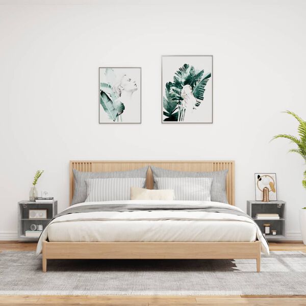 vidaXL Bedside Cabinets with LED Lights Wall-mounted 2 pcs Concrete Grey