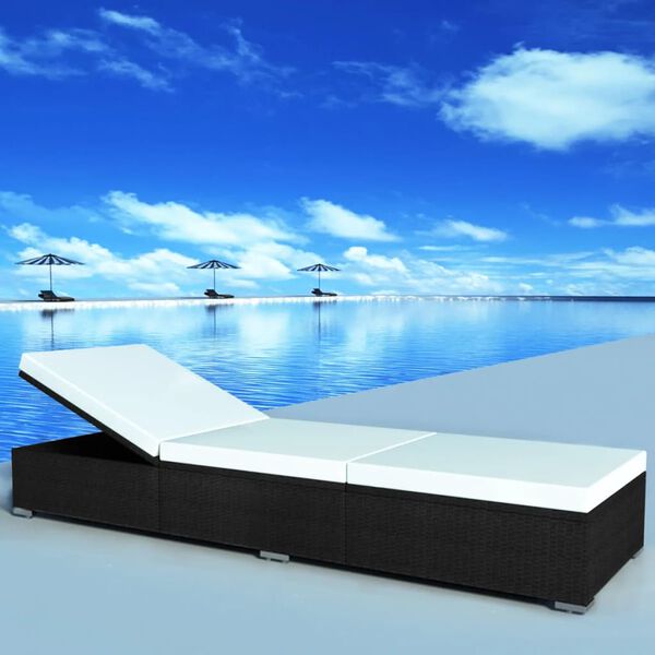 vidaXL Sun Lounger with Cream White Cushion Poly Rattan Black