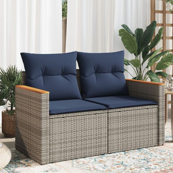vidaXL Garden Sofa with Cushions 2-Seater Grey Poly Rattan