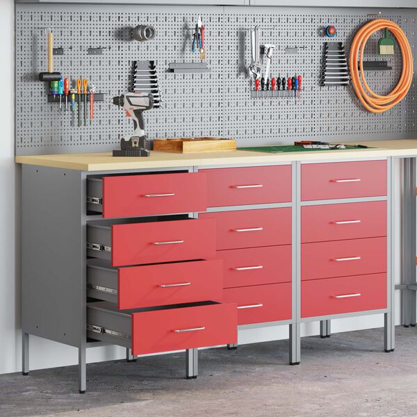 vidaXL Work Cabinet with Drawer 3 pcs Red and Grey 75 x 45 x 85 cm