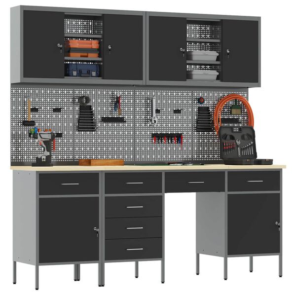 vidaXL Work Cabinet with Drawer 10 pcs Black Engineered Wood and Steel