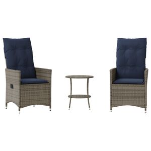 vidaXL 3 Piece Bistro Set with Cushions Grey Poly Rattan