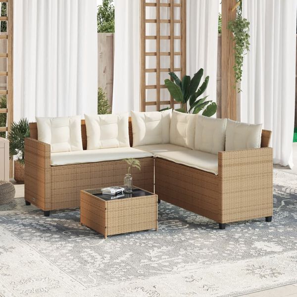 vidaXL Garden Sofa with Table and Cushions L-Shaped Beige Poly Rattan
