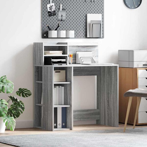 vidaXL Desk with Shelf Grey Sonoma 90 x 48 x 101.5 cm Engineered Wood