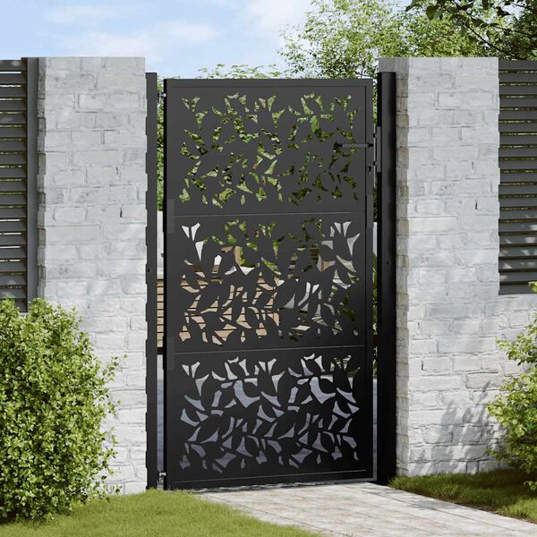 vidaXL Garden Gate Black 100x150 cm Steel Leaf Design