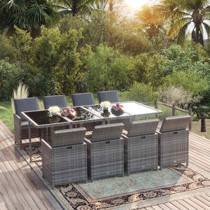 vidaXL 9 Piece Garden Dining Set with Cushions Poly Rattan Grey