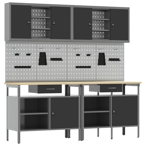 vidaXL Work Bench Set with Drawer 8 pcs Black 200 x 55 x 200 cm Steel