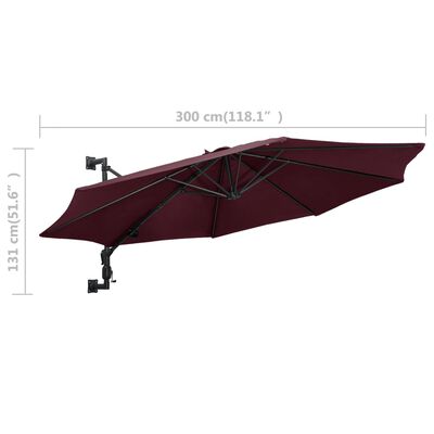 vidaXL Wall-Mounted Parasol with Metal Pole 300 cm Burgundy