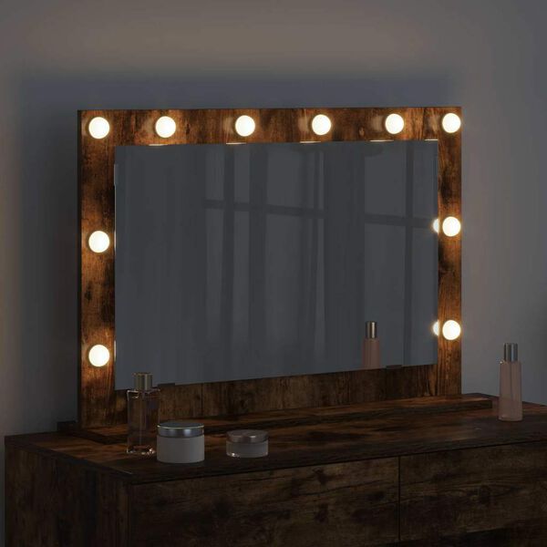 vidaXL Vanity Mirror with LED Strip Lights Smoked Oak 80 x 55 x 18 cm