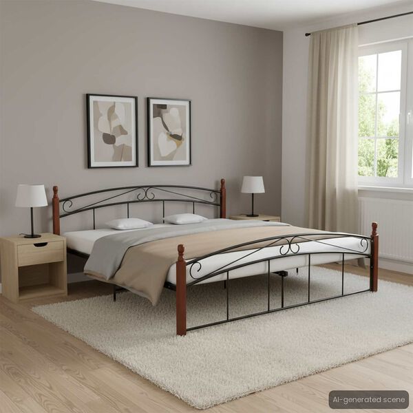 vidaXL Bed Frame without Mattress Black Metal&Solid Oak Wood 200x200 cm