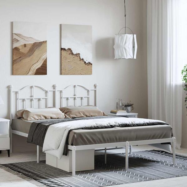 vidaXL Metal Bed Frame without Mattress with Headboard White 135x190cm
