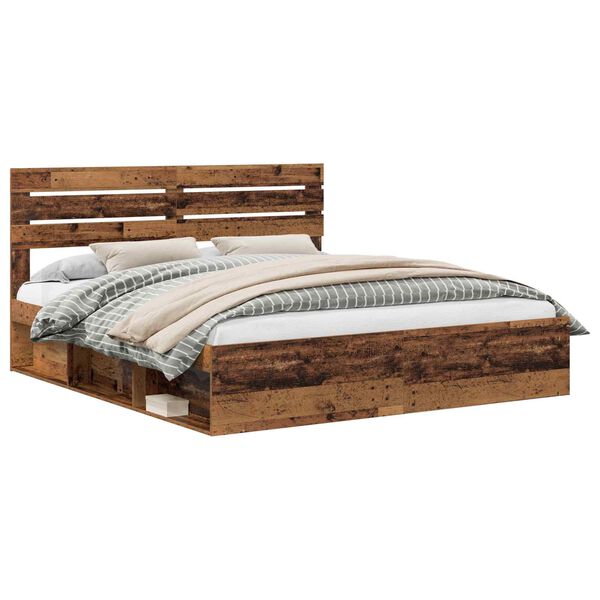 vidaXL Bed Frame with Headboard Old Wood 200 x 200 cm Solid Pine Wood